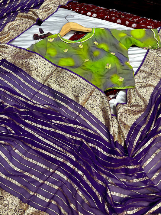 Pure Violet Viscose Georgette Saree With Jacqurad Border With Handwork Partywear Blouse