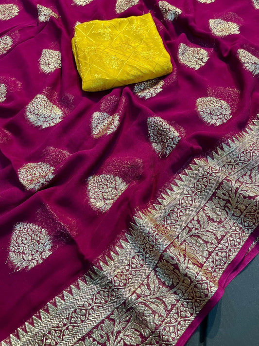 Pure Wine Viscose Georgette Jacquard Saree With All Jacquard Butta With Contrast Fancy Blouse