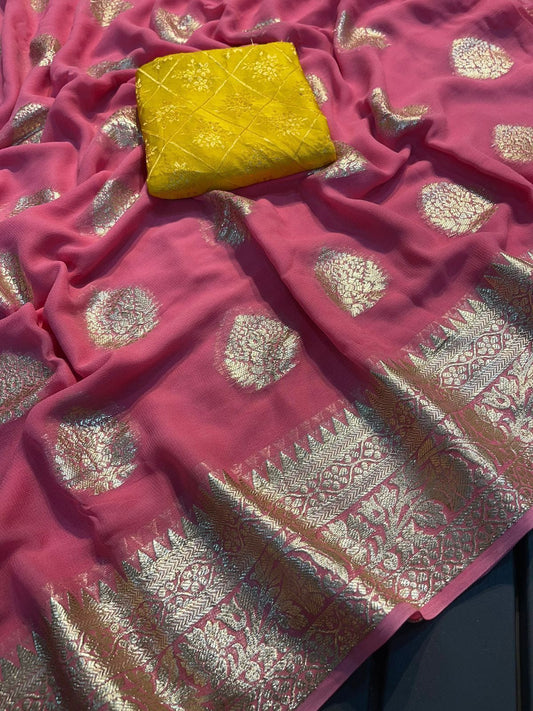 Pure Pink Viscose Georgette Jacquard Saree With All Jacquard Butta With Contrast Fancy Blouse