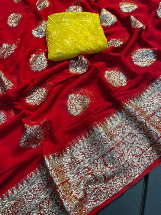 Pure Red Viscose Georgette Jacquard Saree With All Jacquard Butta With Contrast Fancy Blouse