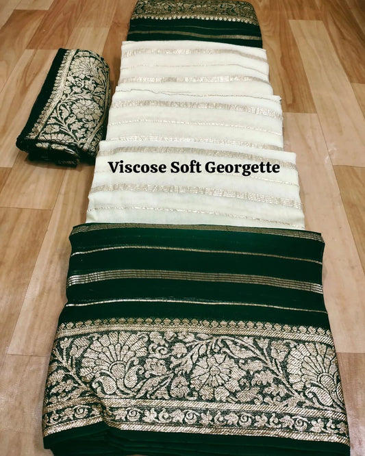 Bottel Green Pure Viscose Georgette With Jacquard Weaving Border With Shaded Concept
