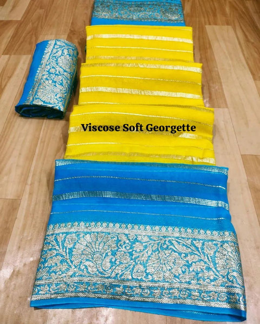 Sky Blue Pure Viscose Georgette With Jacquard Weaving Border With Shaded Concept