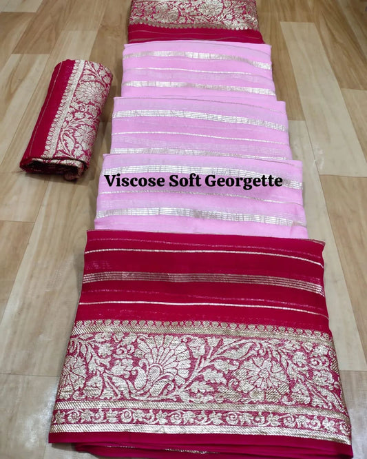 Pink Pure Viscose Georgette With Jacquard Weaving Border With Shaded Concept