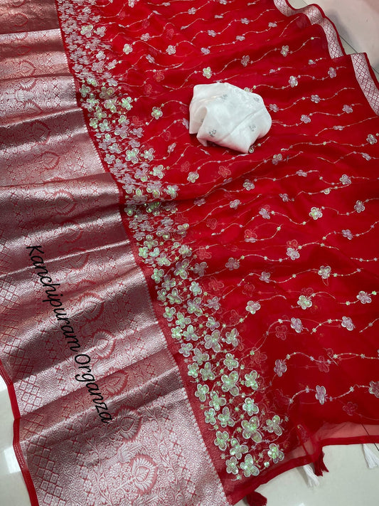 Red Color Kanchipuram Organza With Beautiful Butterfly With Tussles