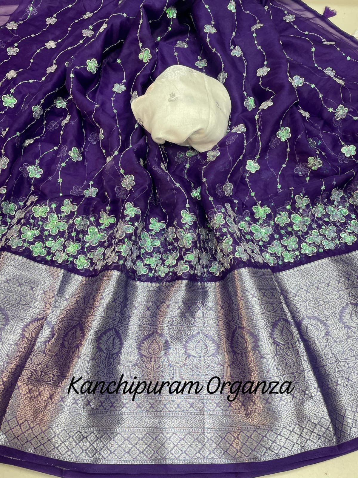 Blue Color Kanchipuram Organza With Beautiful Butterfly With Tussles