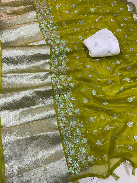 Green Color Kanchipuram Organza With Beautiful Butterfly With Tussles