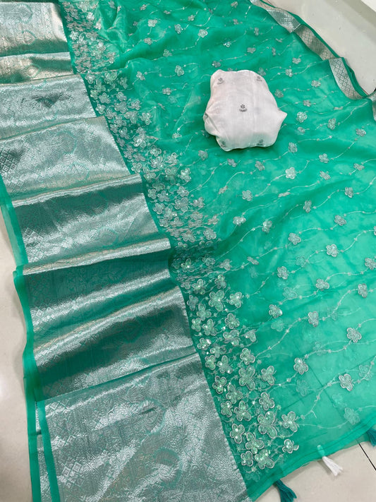 Rama Color Kanchipuram Organza With Beautiful Butterfly With Tussles