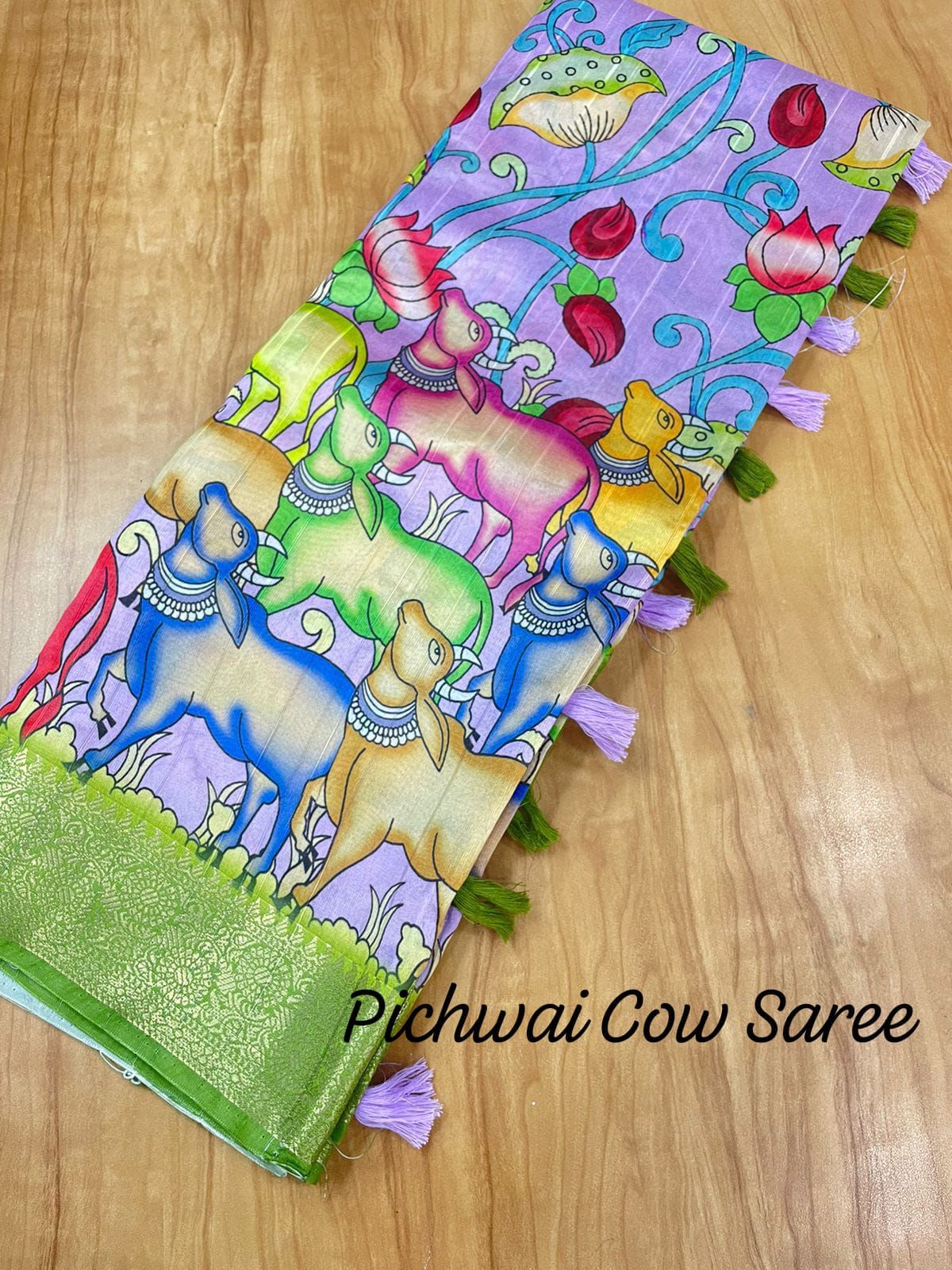 Purple Pichwai Cow print On Handloom Jacquard Border Fabric Saree With Tassels