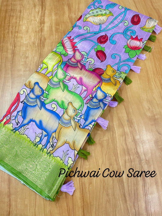 Purple Pichwai Cow print On Handloom Jacquard Border Fabric Saree With Tassels