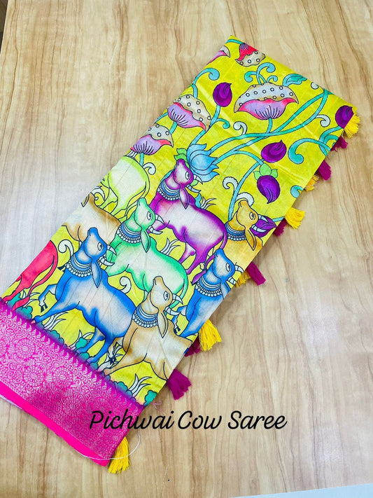 Yellow Pichwai Cow print On Handloom Jacquard Border Fabric Saree With Tassels