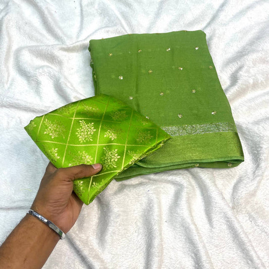Pure Green Viscose Satin Patta With Sequence Worked Butti With Fancy Fabric Blouse