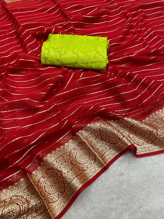 Red Color Viscose Georgette Fabric With Running Linning Weaving With Jacquard Border All Over