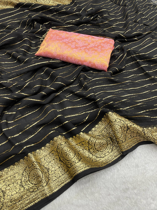 Black Color Viscose Georgette Fabric With Running Linning Weaving With Jacquard Border All Over