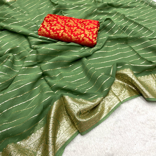 Dusty Green Color Viscose Georgette Fabric With Running Linning Weaving With Jacquard Border All Over