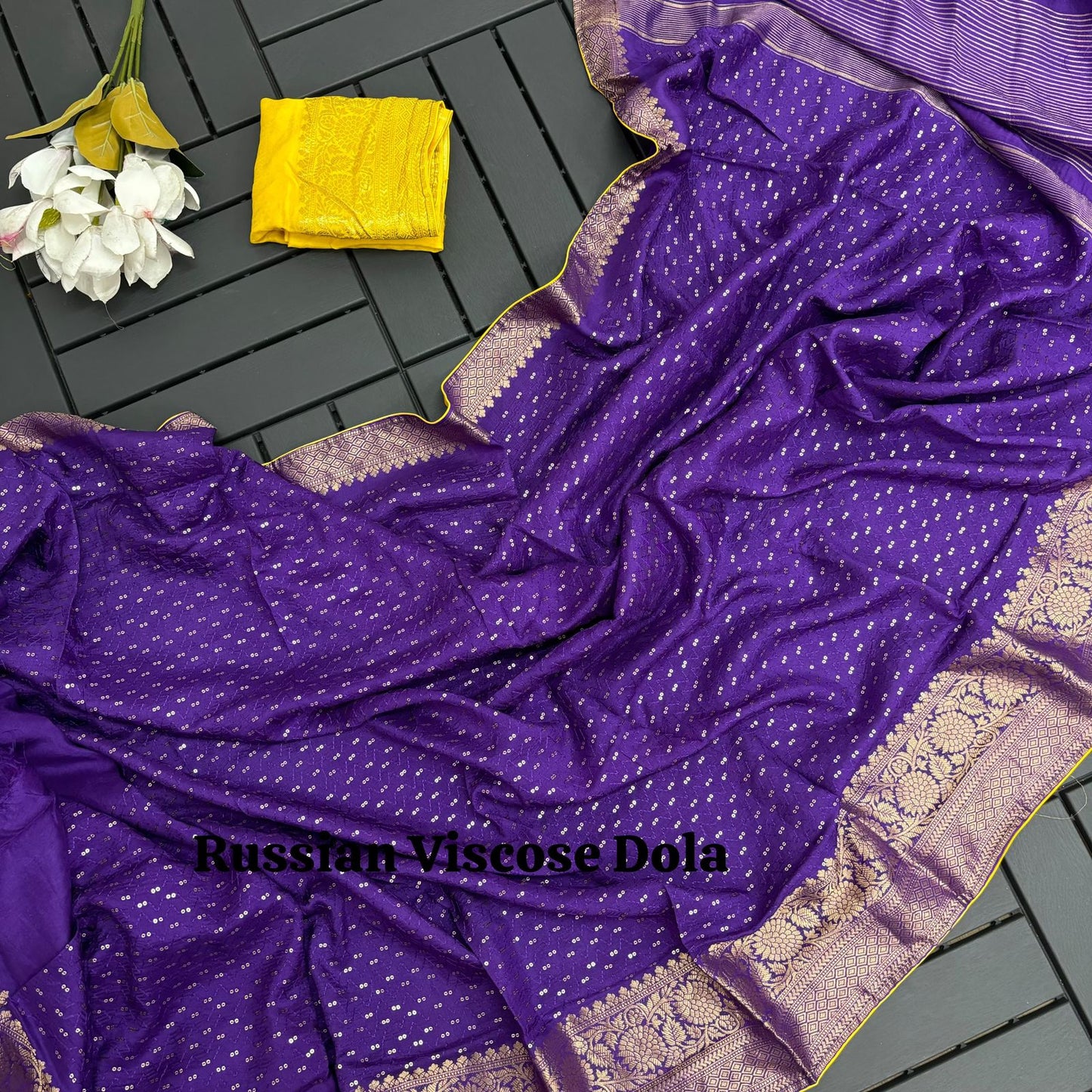 Pure Violet Viscose Russian Dola With Jacquard Border Sequence Viscose Thread Embroidery work