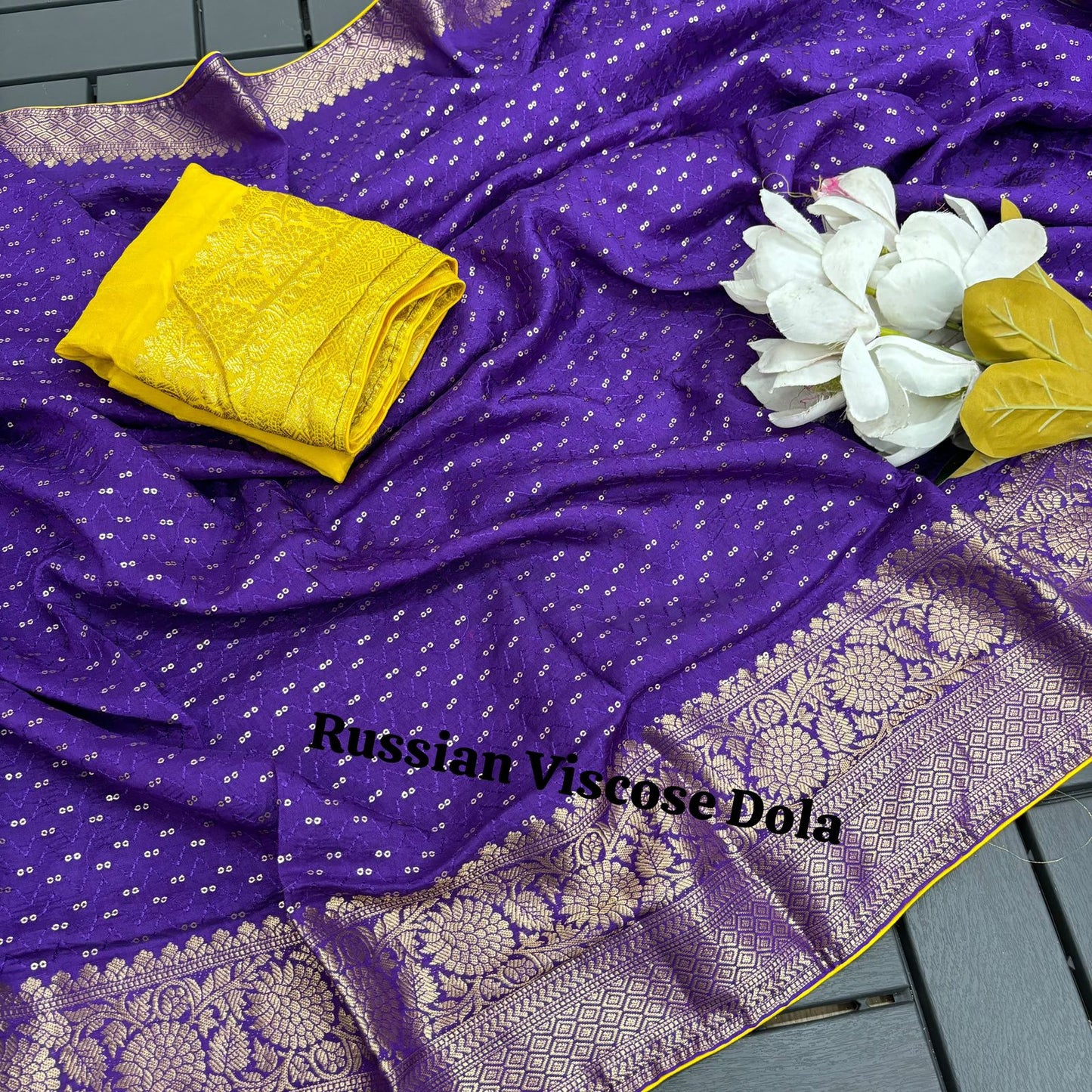 Pure Violet Viscose Russian Dola With Jacquard Border Sequence Viscose Thread Embroidery work