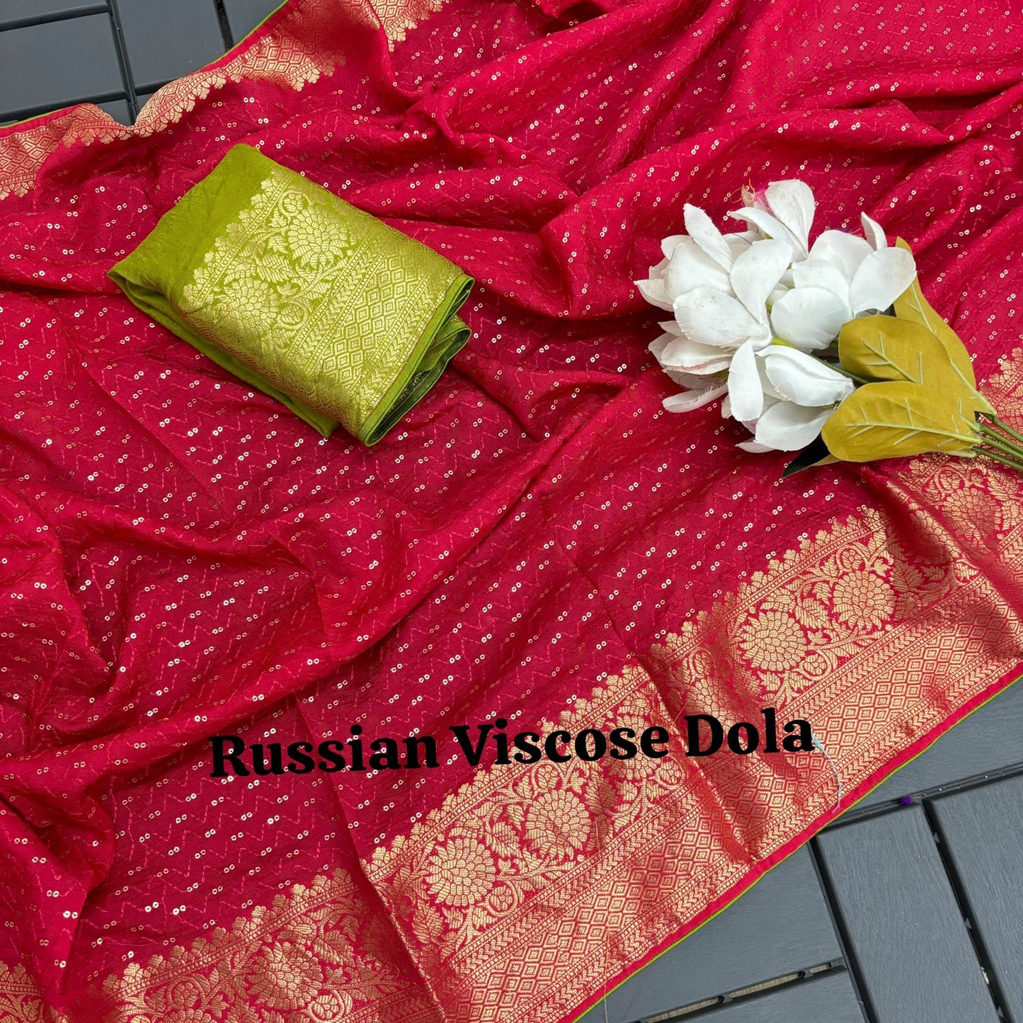 Pure Red Viscose Russian Dola With Jacquard Border Sequence Viscose Thread Embroidery work