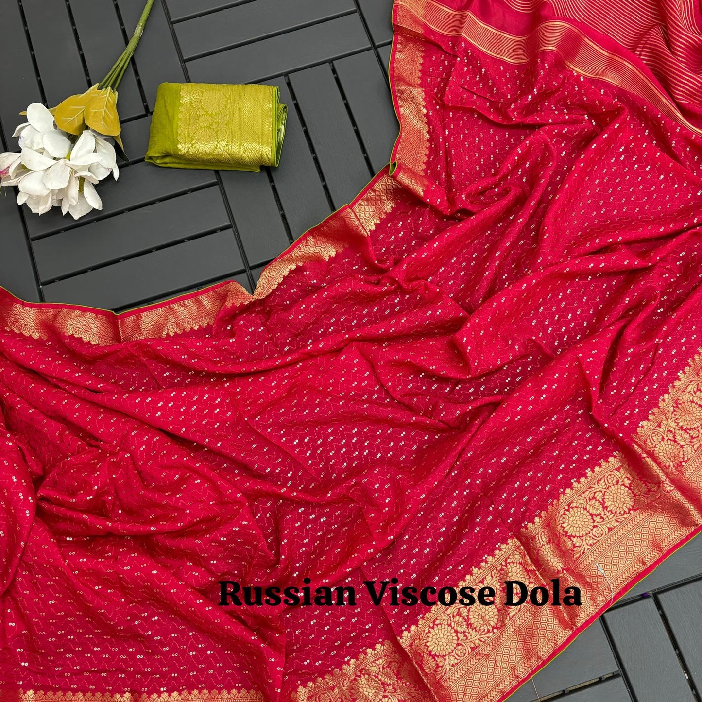 Pure Red Viscose Russian Dola With Jacquard Border Sequence Viscose Thread Embroidery work