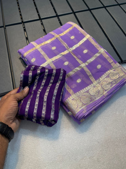 Lavender Color Viscose Georgette Weaving Saree With Contrast Viscose Blouse
