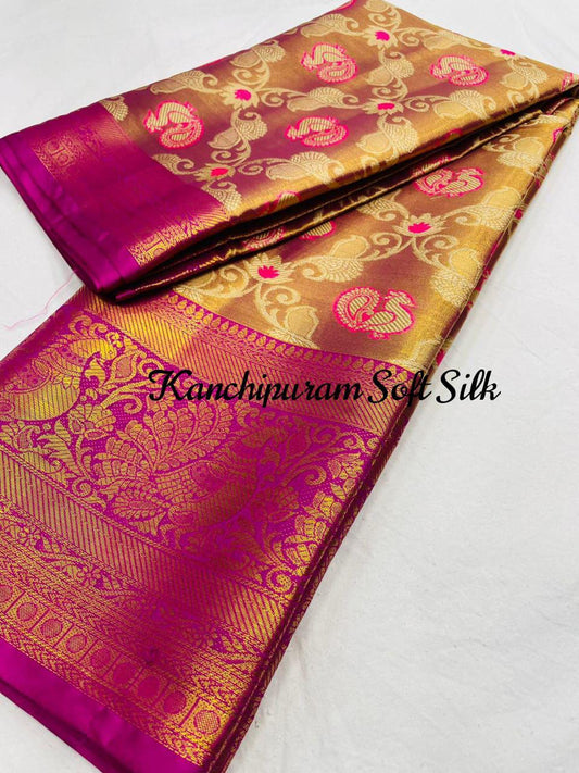 Pink Color Kanjiviram Silk Zari Weaving With Peacock Design Weaving
