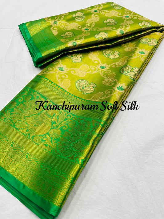 Green Color Kanjiviram Silk Zari Weaving With Peacock Design Weaving