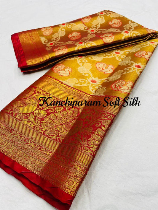 Red Color Kanjiviram Silk Zari Weaving With Peacock Design Weaving