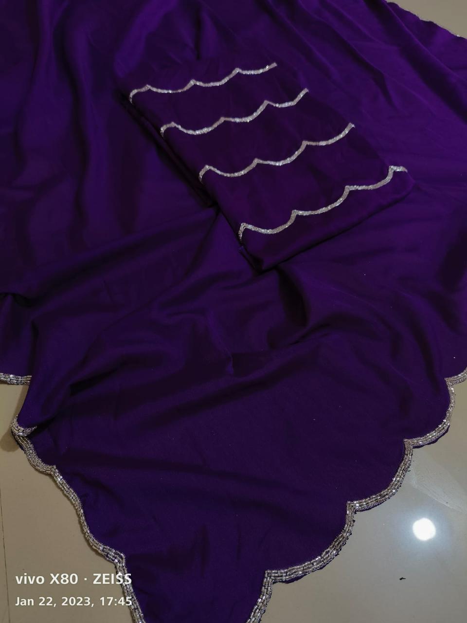 Violet Color Crepe Silk Saree With Handwork