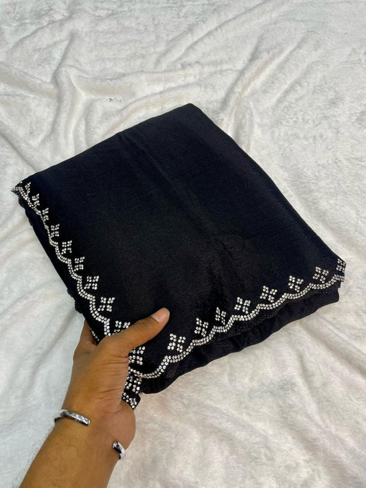 Pure Black Chinnon Fabric With Cutwork Border With Real Jarkan Diamond