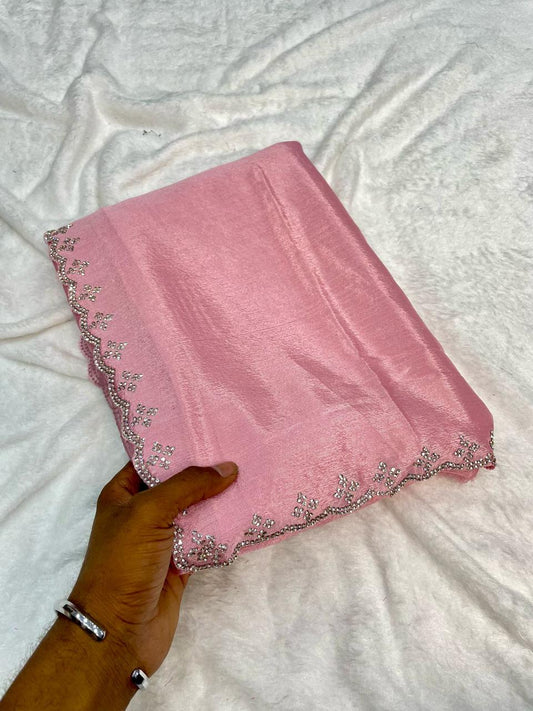 Pure Pink Chinnon Fabric With Cutwork Border With Real Jarkan Diamond