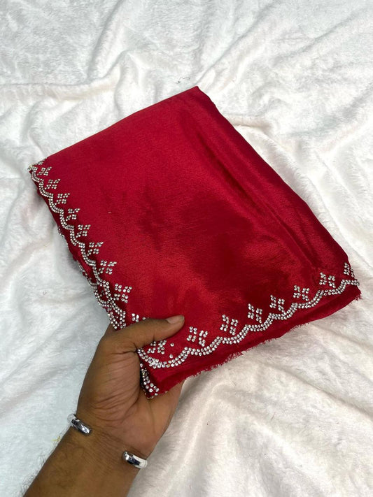Pure Red Chinnon Fabric With Cutwork Border With Real Jarkan Diamond
