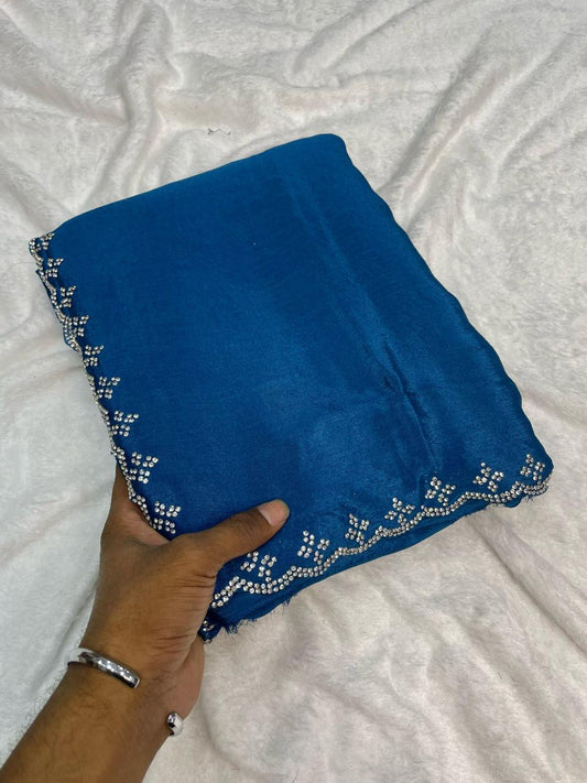 Pure Blue Chinnon Fabric With Cutwork Border With Real Jarkan Diamond