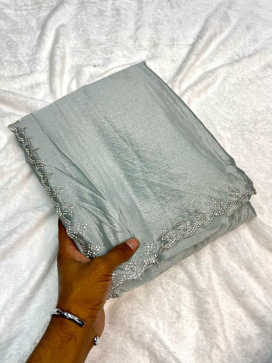 Pure Grey Chinnon Fabric With Cutwork Border With Real Jarkan Diamond