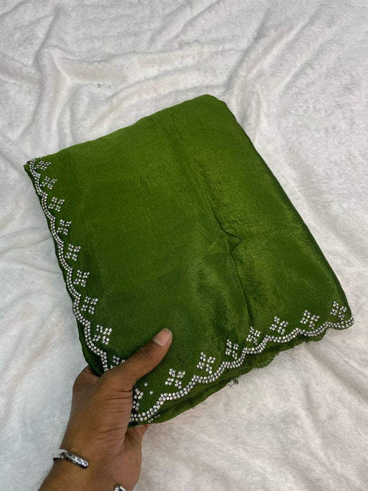 Pure Mehendi Chinnon Fabric With Cutwork Border With Real Jarkan Diamond
