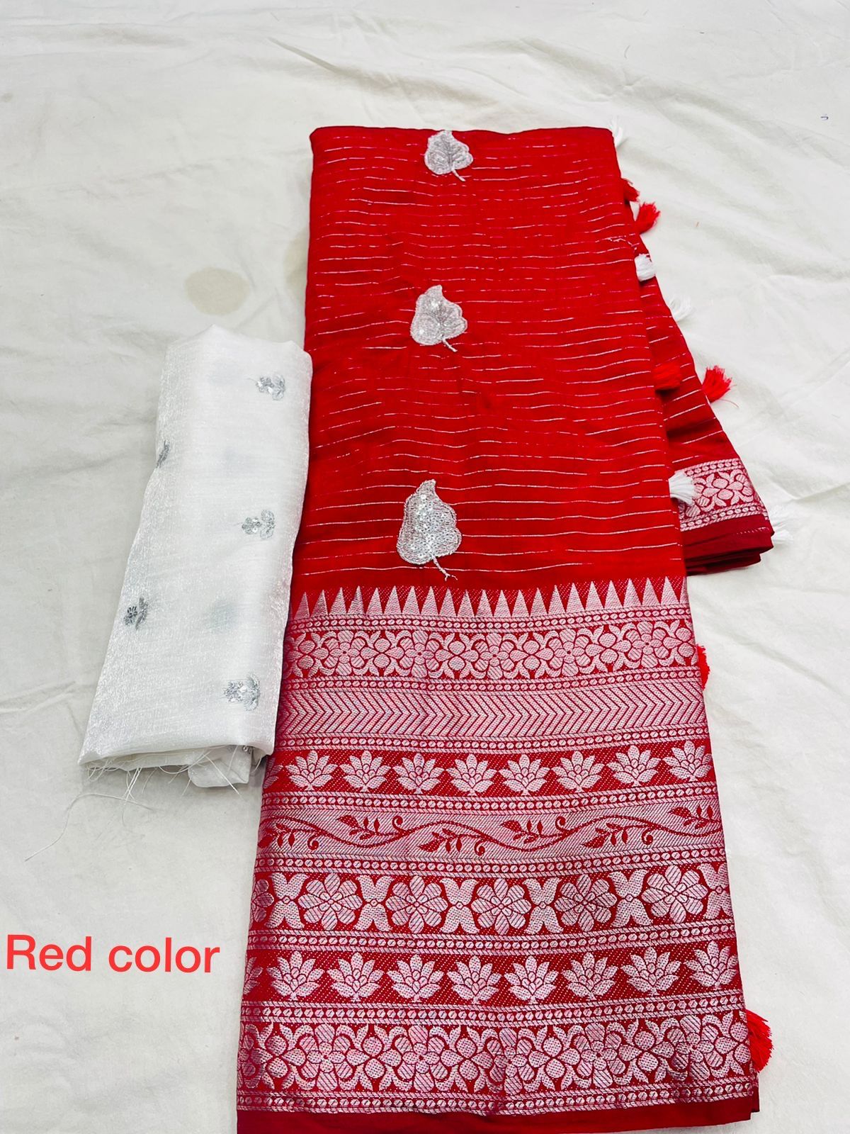 Pure Red cotton Jacquard  Sequence Worked Saree & Satin Sequence Work Blouse !