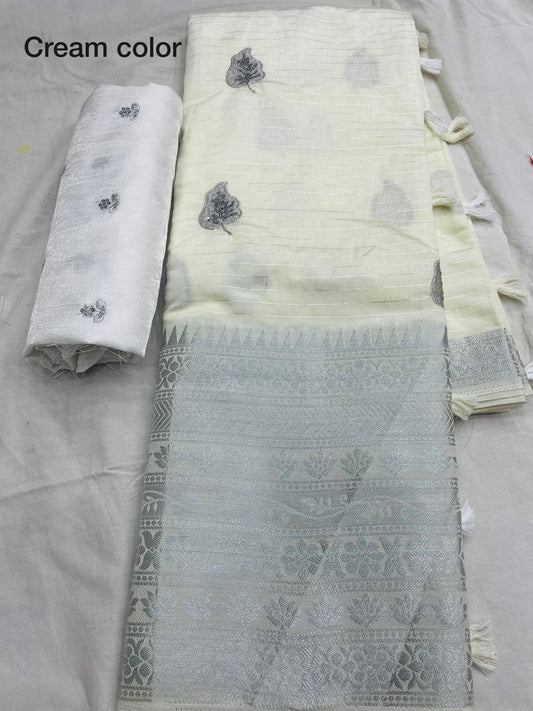 Pure Cream cotton Jacquard  Sequence Worked Saree & Satin Sequence Work Blouse !