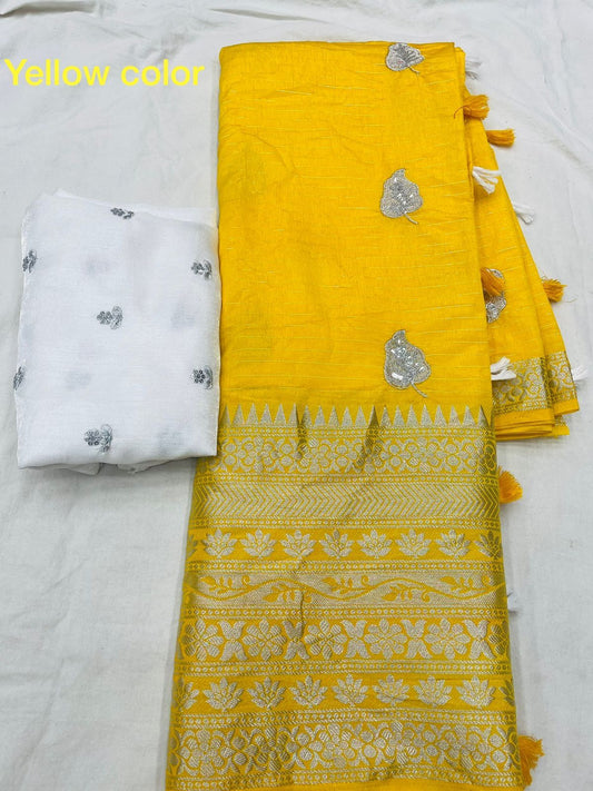 Pure Yellow  cotton Jacquard  Sequence Worked Saree & Satin Sequence Work Blouse !