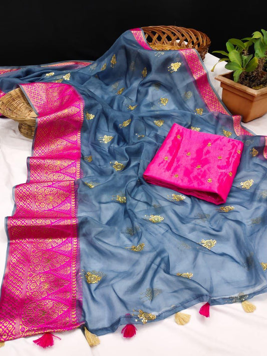 Blue Color Organza Saree With Sequence Golden Zari Worked