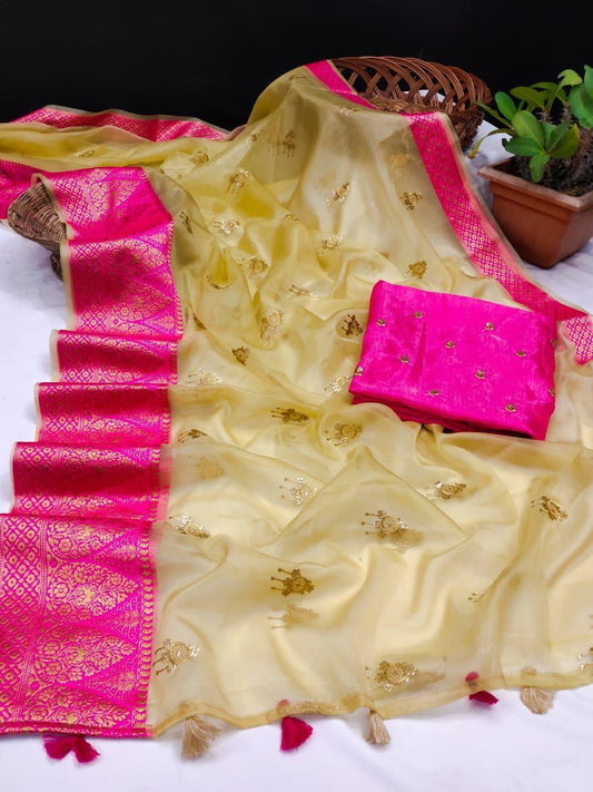 Yellow Color Organza Saree With Sequence Golden Zari Worked