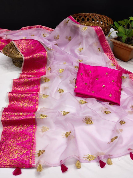 Pink Color Organza Saree With Sequence Golden Zari Worked