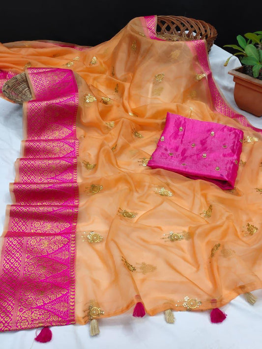 Orange Color Organza Saree With Sequence Golden Zari Worked