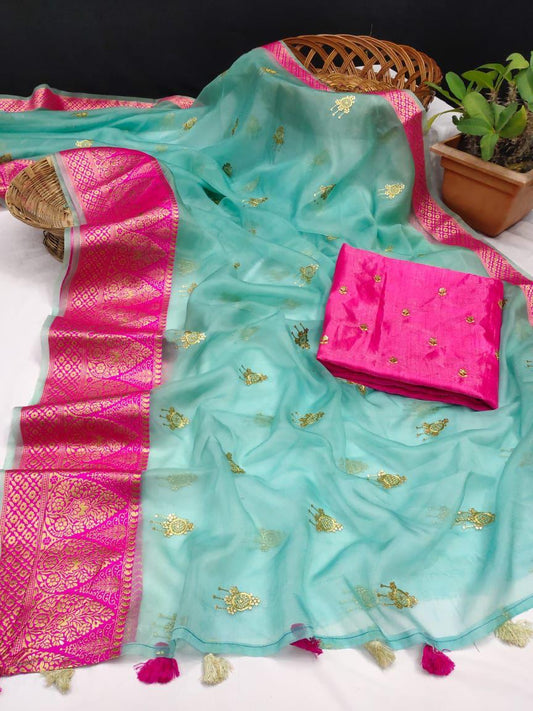 Blue And Pink Color Organza Saree With Sequence Golden Zari Worked