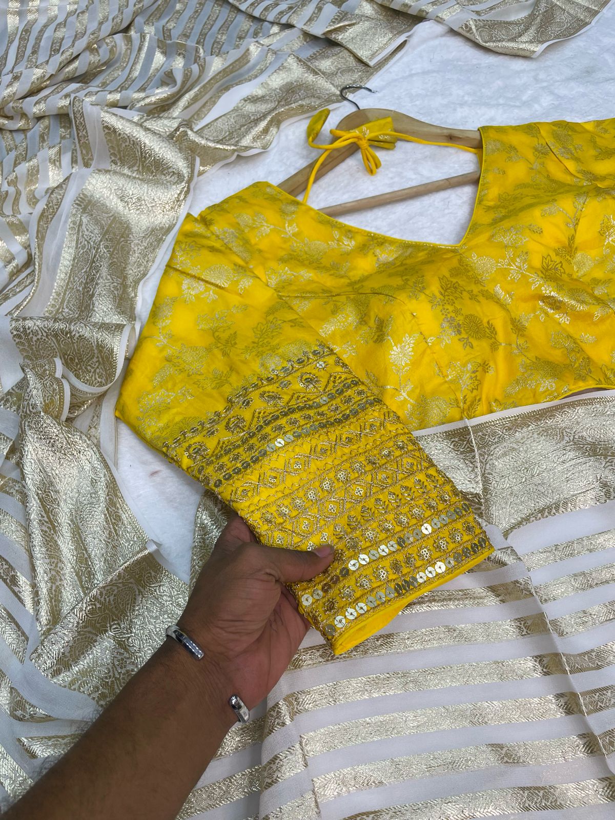 Pure Yellow Viscose Georgette Saree With Strip Linning Pattern