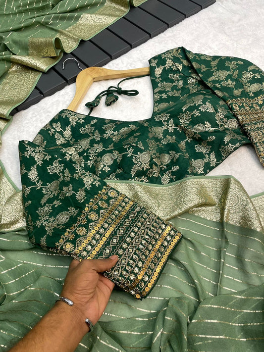 Pure Green Viscose Georgette Saree With Strip Linning Pattern