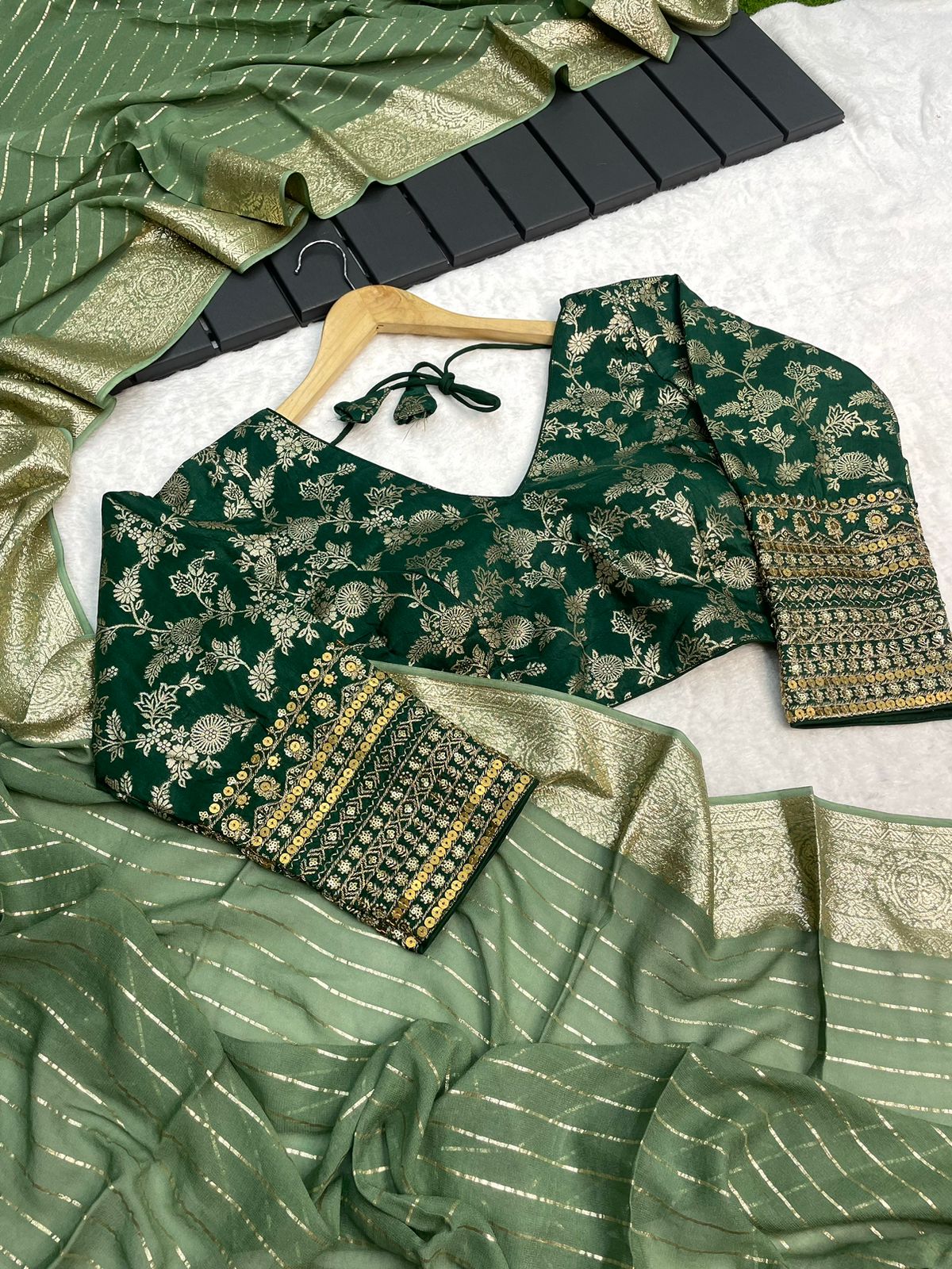 Pure Green Viscose Georgette Saree With Strip Linning Pattern