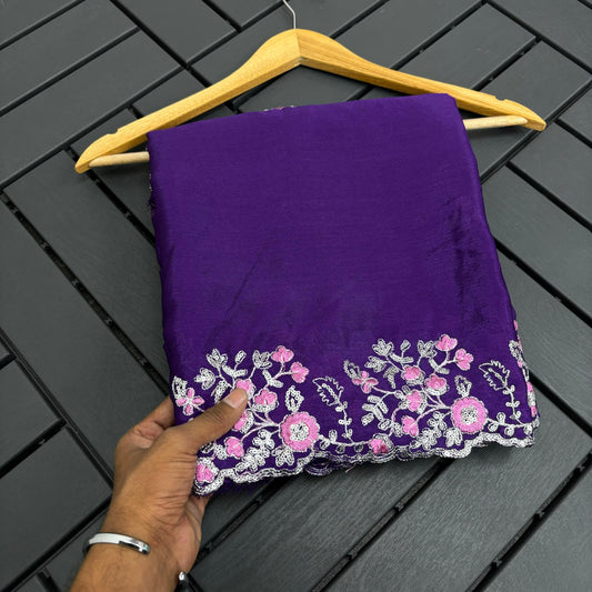 Purple Chinnon Creap Silk Saree Multi Sequence Embroidary Work & Running Sequence Emrodiry Work Blouse