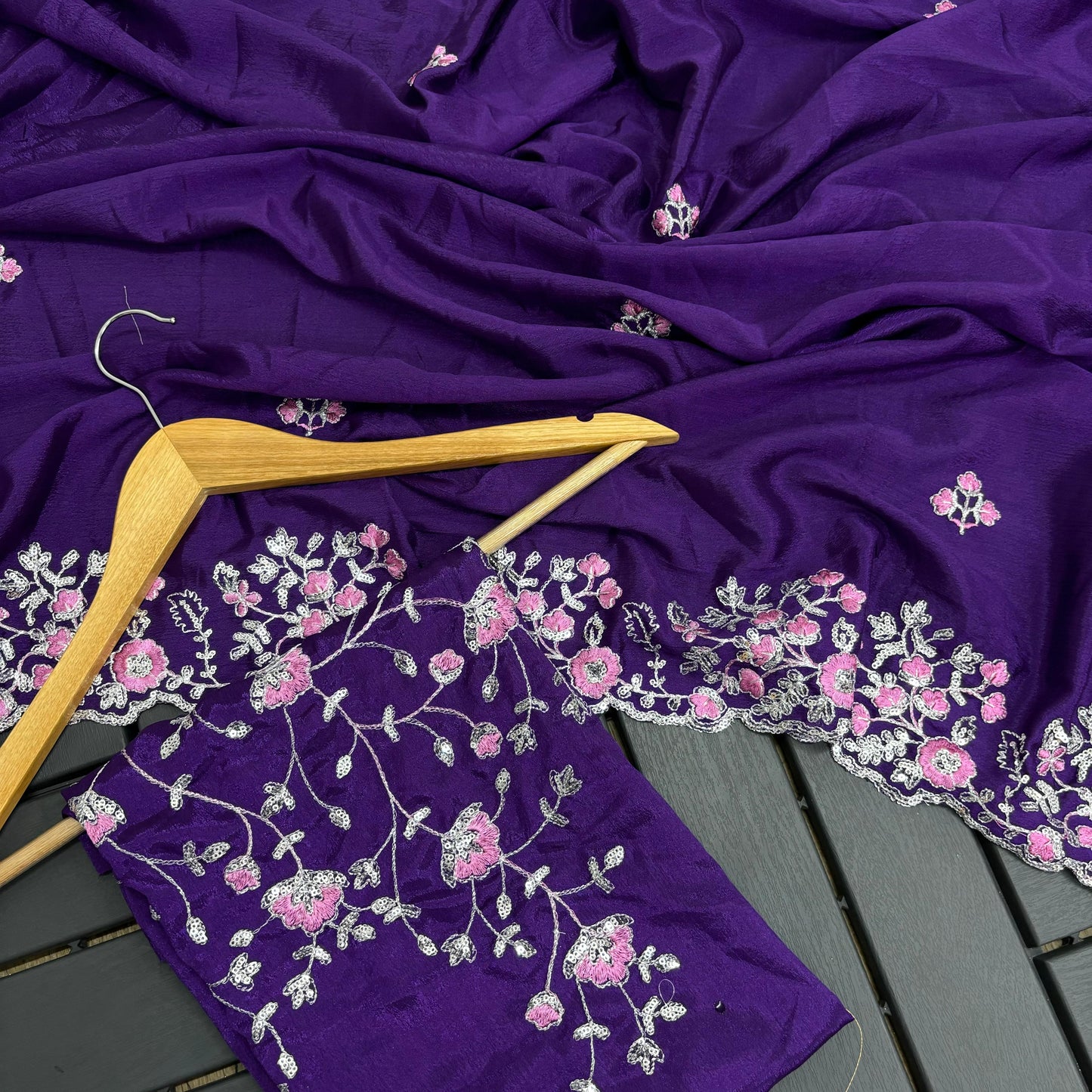 Purple Chinnon Creap Silk Saree Multi Sequence Embroidary Work & Running Sequence Emrodiry Work Blouse