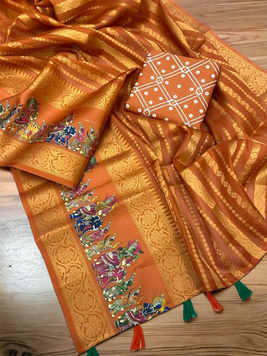 Pure Orange Banaras Warm Silk Kota Jacquard With Beautiful Print Design