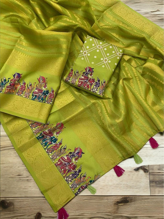 Pure Green Banaras Warm Silk Kota Jacquard With Beautiful Print Design