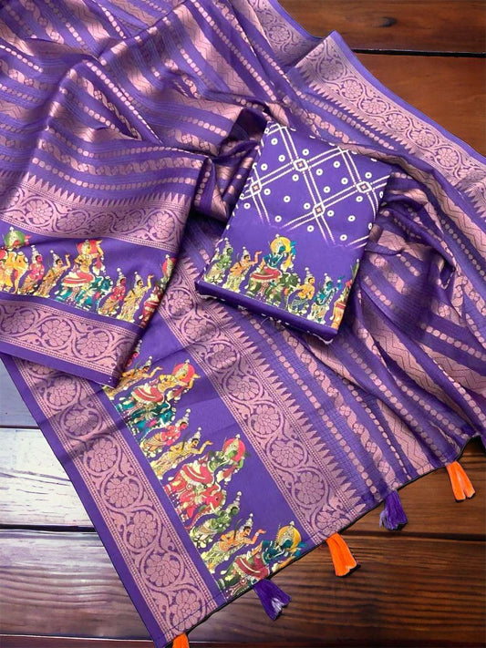 Pure Purple Banaras Warm Silk Kota Jacquard With Beautiful Print Design