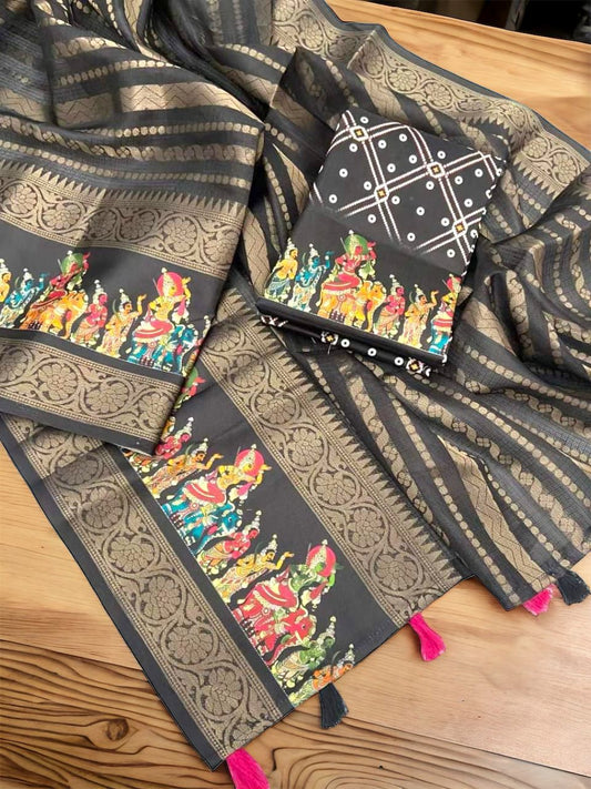 Pure Black Banaras Warm Silk Kota Jacquard With Beautiful Print Design